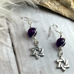 Artisan Designed Amethyst Crystals And Star Of David Silver Pl Charm Ear…